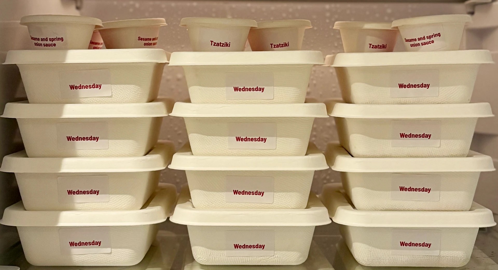Twelve labelled bagasse containers stacked in three columns in a fridge, with sauce cups on top